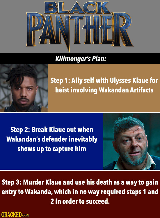 BLLACK PANTHER Killmonger's Plan: Step 1: Ally self with Ulysses Klaue for heist involving Wakandan Artifacts Step 2: Break Klaue out when Wakandan's