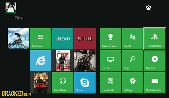 Pins UPLOAD NETFLIX SPARK OneGuide Achievements People Playstatlon e taL. RYSE Liye TV Bing Play Disc S DIE HARD Xbox Music 9 Collection Use A Code Se