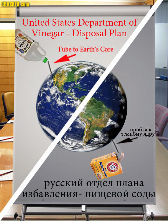 CRACKED.cOM United States Department of Vinegar - Disposal Plan Tube to Earth's Core HIN mpo6ka K 3EMHOMY APY Baking Sods PYCCKU OTAEI IUIAHA 6aBIHA-