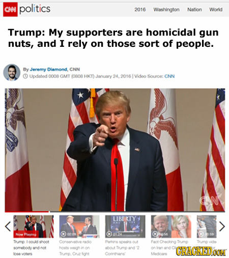 CHO politics 2016 Washington Nation Worid Trump: My supporters are homicidal gun nuts, and I rely on those sort of people. By Jeremy Dlamond, CNN O Up