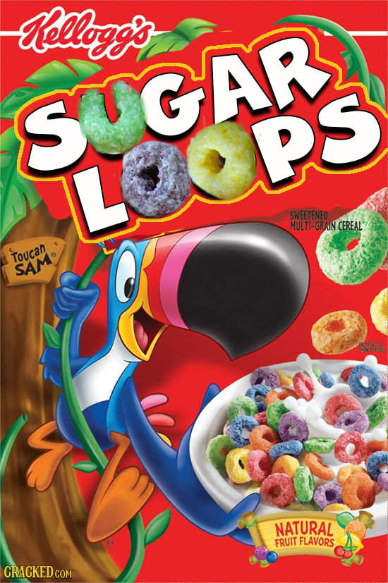 elloggo SUGAR LOOPS SWEETENED MULTI-GRAIN CEREAL Toucan SAM aO ATD NATURAL FRUIT FLAVORS CRACKED COM