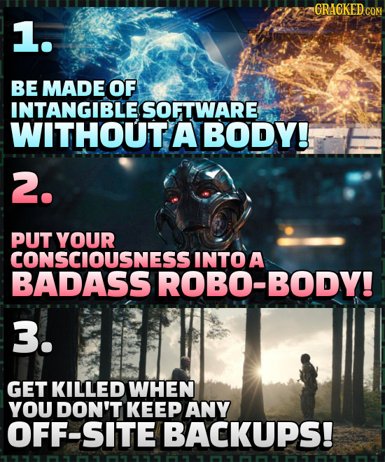 CRACKED CO 1. BE MADE OF INTANGIBLES SOFTWARE WITHOUT A BODY! 2. PUT YOUR CONSCIOUSNESS INTOA BADASS ROBO-BODY! 3. GET KILLED WHEN YOU DON'T KEEP ANY