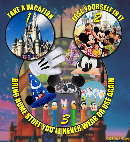 UACATION A VURSEI INIT TAKE 1 2 LOSE lI/ BRING K HOME AGAIN USE STUFF 3 OR YOU'LL WEAR NEVER