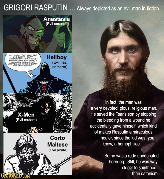GRIGORI RASPUTIN... Always depicted as an evil man in fiction Anastasia (Evil sorcerer ave WO Th A TE 4 - Hellboy ANERLL 4TOOM.THEY A MUIGITY OL (Evil