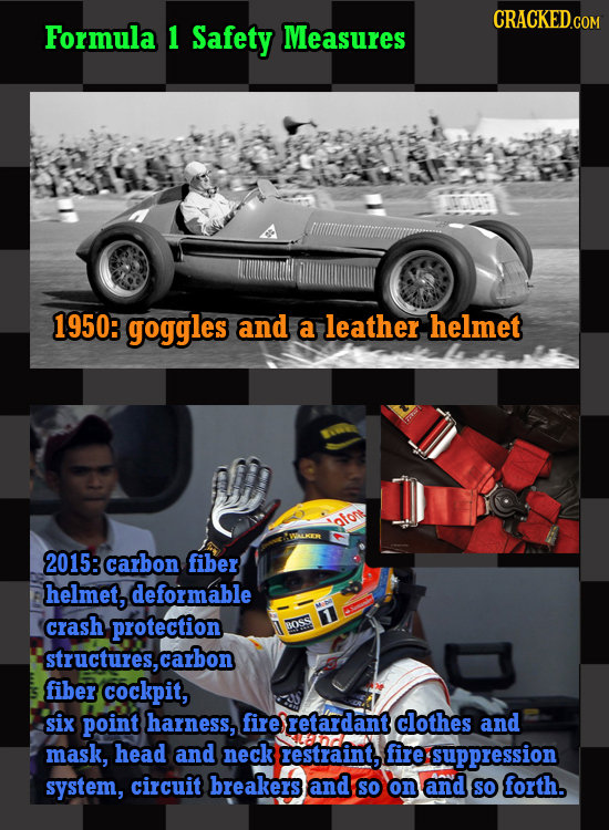 CRACKEDCON Formula 1 Safety Measures 1950: goggles and a leather helmet afort 2015: carbon fiber helmet, deformable crash protection BOSS structures,c