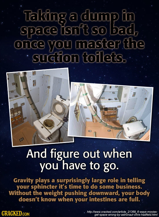 Taking a dump In space tisn't so bad, once you master the suction toilets. And figure out when you have to go. Gravity plays a surprisingly large role