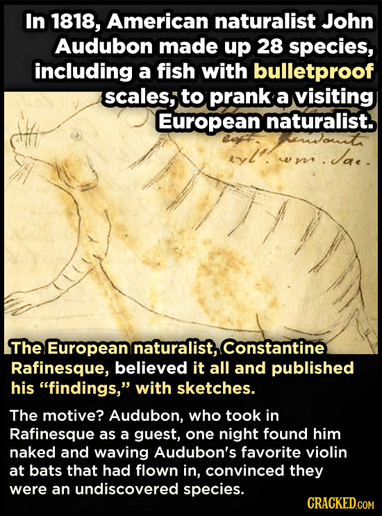 In 1818, American naturalist John Audubon made up 28 species, including a fish with bulletproof scales, to prank a visiting European naturalist. imout