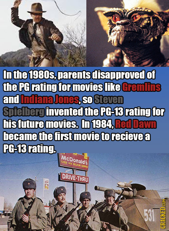 In the 1980s, parents disapproved of the PG rating for movies like Gremlins and Indiana Jones, SO Steven Spielberg invented the PG-13 rating for his f