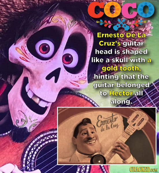 COCO Ernesto De La Cruz's guitar head is shaped like a skull with a gold tooth, hinting that the guitar belonged to Hector all along. Erneste de la Cr