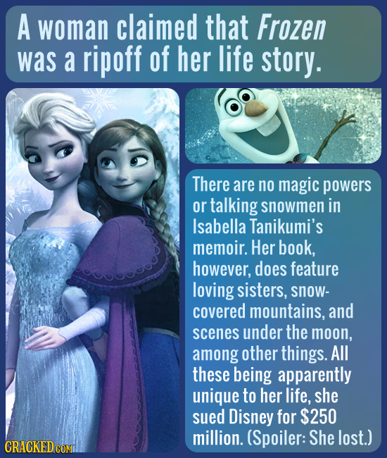 A woman claimed that Frozen was a ripoff of her life story. There are no magic powers or talking snowmen in Isabella Tanikumi's memoir. Her book, howe