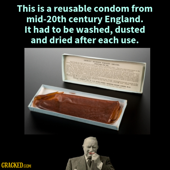 This is a reusable condom from mid-20th century England. It had to be washed, dusted and dried after each use. 