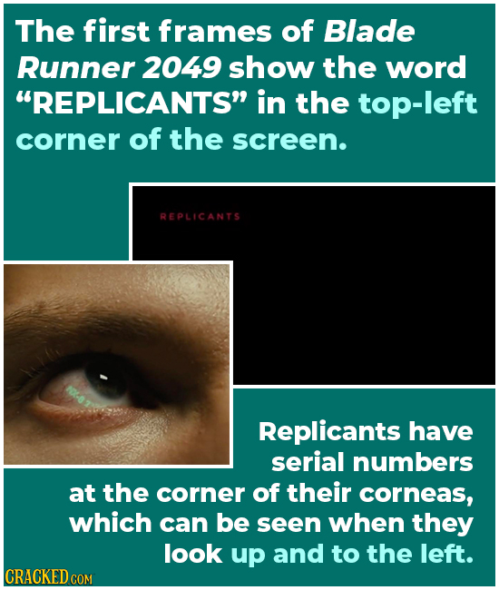 The first frames of Blade Runner 2049 show the word REPLICANTS in the top-left corner of the screen. REPLICANTS Replicants have serial numbers at th