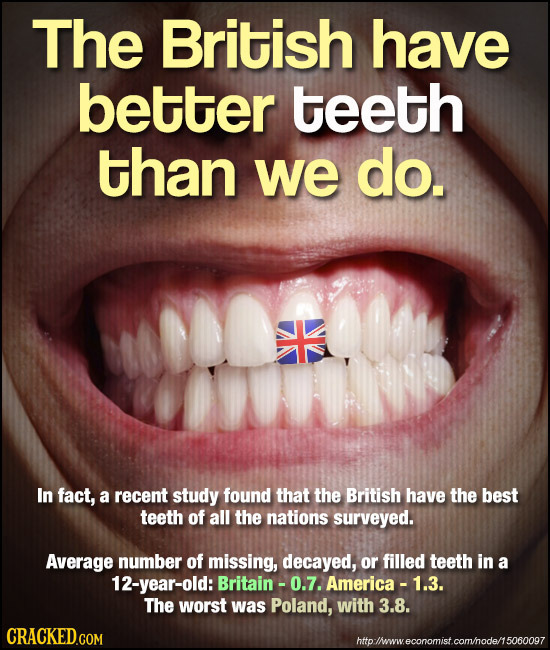 The British have better teeth than we do. In fact, a recent study found that the British have the best teeth of all the nations surveyed. Average numb