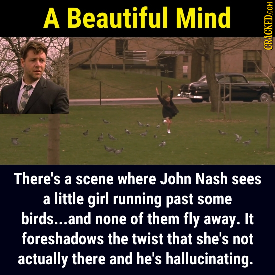 A Beautiful Mind CRAN There's a scene where John Nash sees a little girl running past some birds... and none of them fly away. It foreshadows the twis