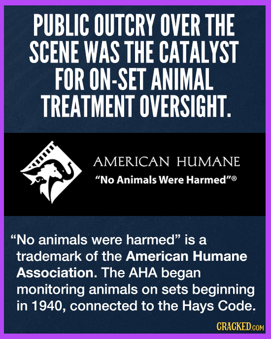 PUBLIC OUTCRY OVER THE SCENE WAS THE CATALYST FOR ON-SET ANIMAL TREATMENT OVERSIGHT. AMERICAN HUMANE No Animals Were Harmed No animals were harmed