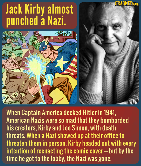 Jack Kirby almost CRACKED COM punched a Nazi. When Captain America decked Hitler in 1941, American Nazis were SO mad that they bombarded his creators,