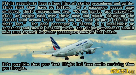 FIight attendants have a long ist of strict procedures and guide- lines that they have to follow. If a passenger passes away on-board, their instructi