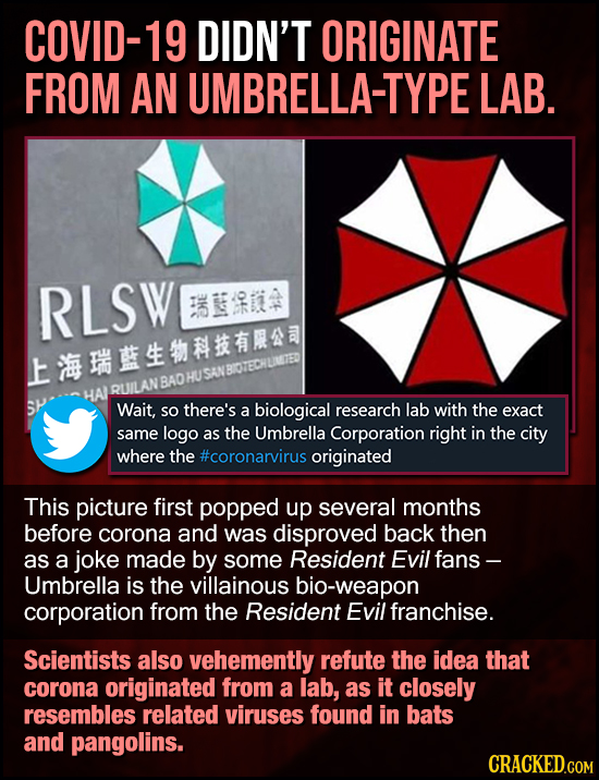 COVID-19 DIDN'T ORIGINATE FROM AN UMBRELLA-TYPE LAB. RLSW CHE ~10 m Wait, so there's a biological research lab with the exact same logo as the Umbrell