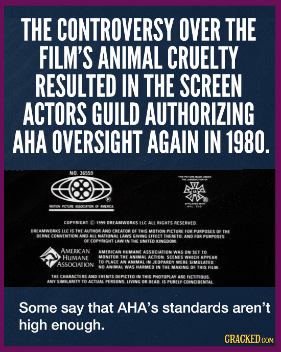 THE CONTROVERSY OVER THE FILM'S ANIMAL CRUELTY RESULTED IN THE SCREEN ACTORS GUILD AUTHORIZING AHA OVERSIGHT AGAIN IN 1980. NO 36559 OTOs PETURE ASSOC