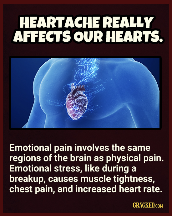 HEARTACHE REALLY AFFECTS OUR HEARTS. Emotional pain involves the same regions of the brain as physical pain. Emotional stress, like during a breakup,