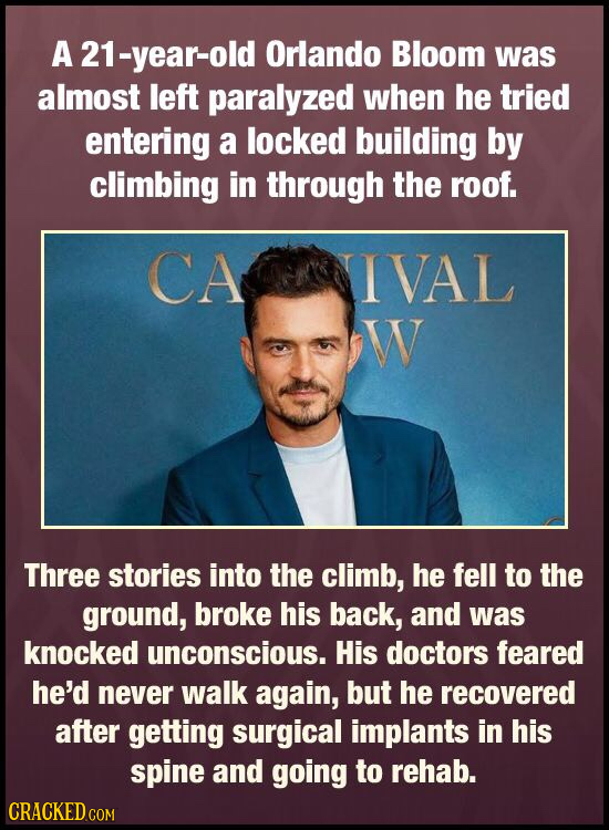 A21-year-old Orlando Bloom was almost left paralyzed when he tried entering a locked building by climbing in through the roof. CA IVAL W Three stories