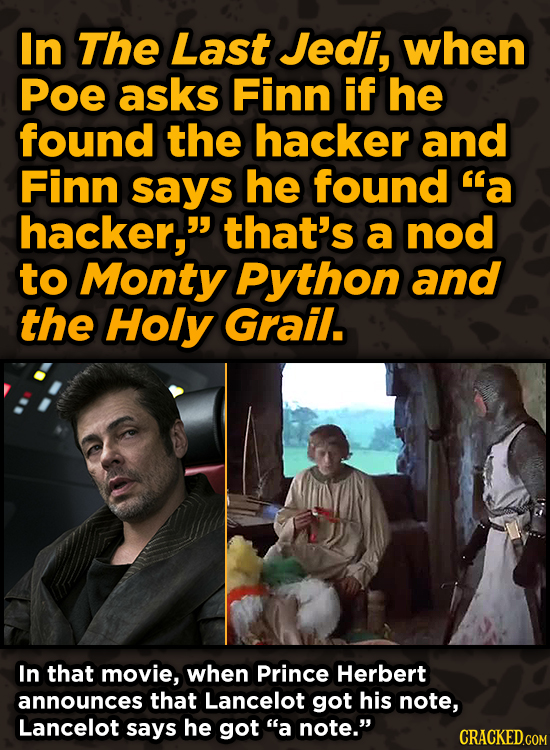 Movie Scenes With Hidden Homages To Other Movies - In The Last Jedi, when Poe asks Finn if he found the hacker and Finn says
