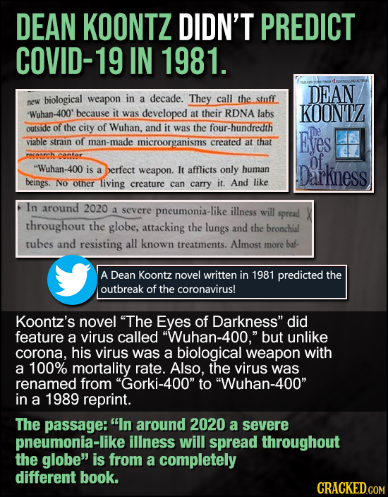 DEAN KOONTZ DIDN'T PREDICT COVID-19 IN 1981. DEAN biological weapon in a decade. They call the stuff new Wuhan-400' because it developed KOONTZ was at