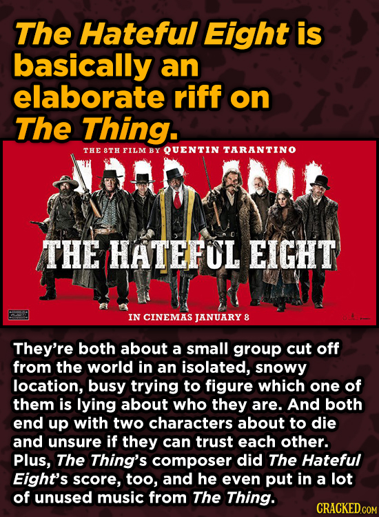 Movie Scenes With Hidden Homages To Other Movies - The Hateful Eight is basically an elaborate riff on The Thing.