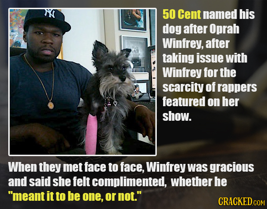 50 Cent named his dog after Oprah Winfrey, after taking issue with Winfrey for the scarcity of rappers featured on her show. When they met face to fac
