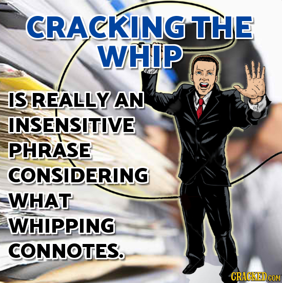 CRACKING THE WHIP IS REALLY AN INSENSITIVE PHRASE CONSIDERING WHAT WHIPPING CONNOTES. 