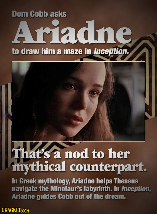 Dom Cobb asks Ariadne to draw him a maze in Inception. That's a nod to her mythical counterpart. In Greek mythology, Ariadne helps Theseus navigate th