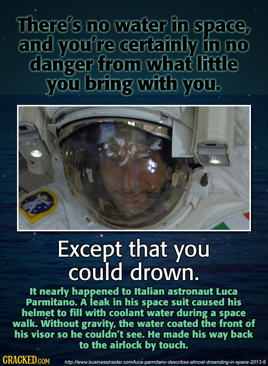There's no water in space, and you're certainly in no danger from what little you bring with you. Except that you could drown. It nearly happened to I