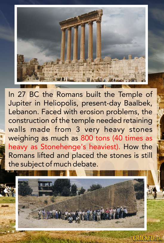 In 27 BC the Romans built the Temple of Jupiter in Heliopolis, present-day Baalbek, Lebanon. Faced with erosion problems, the construction of the temp