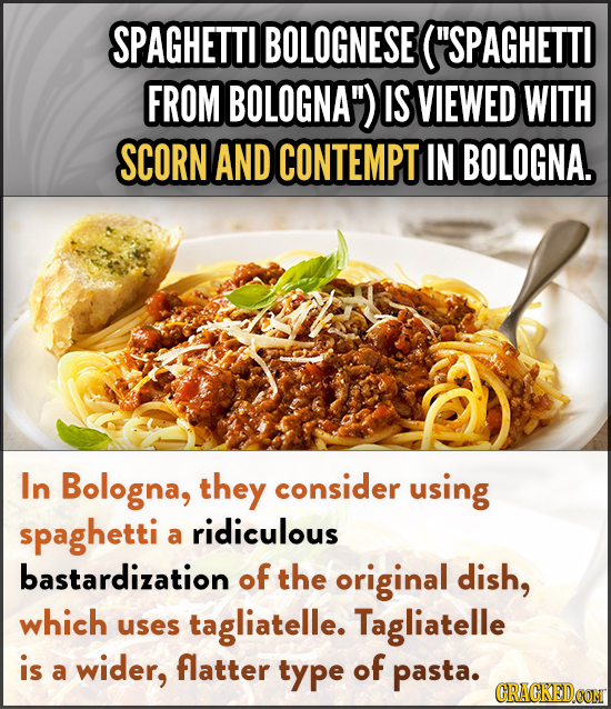 SPAGHETTI BOLOGNESE (SPAGHETTI FROM BOLOGNA IS VIEWED WITH SCORN AND CONTEMPT IN BOLOGNA. In Bologna, they consider using spaghetti ridiculous a bas