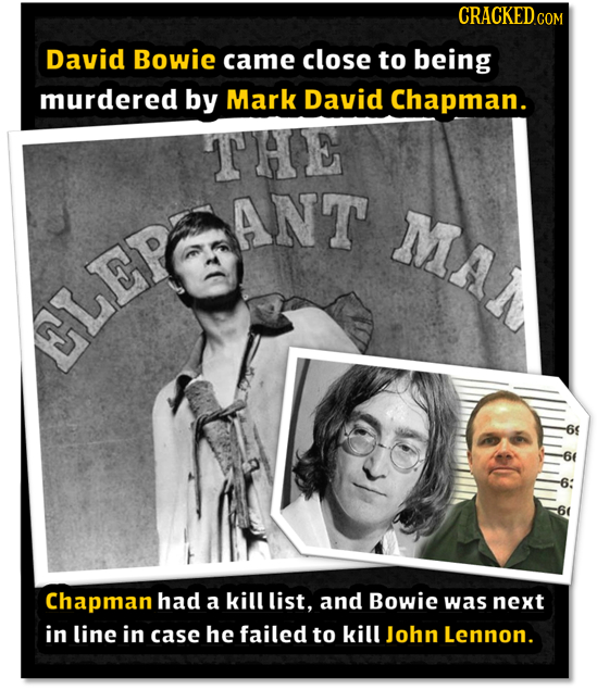 CRACKEDCO David Bowie came close to being murdered by Mark David Chapman. THE ANT MA CLEGA 61 6f 6: 6r Chapman had a kill list, and Bowie was next in
