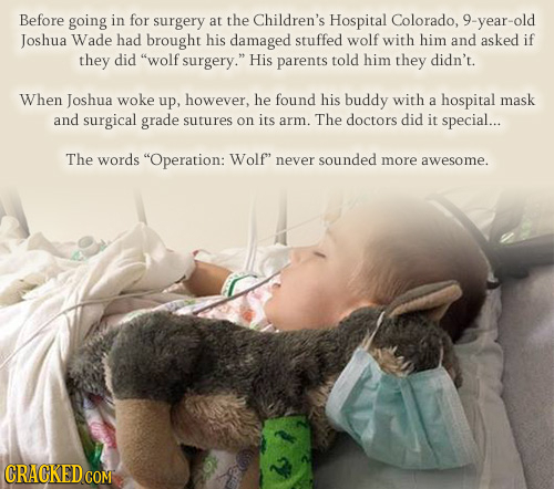 Before going in for surgery at the Children's Hospital Colorado, 9-year-old Joshua Wade had brought his damaged stuffed wolf with him and asked if the