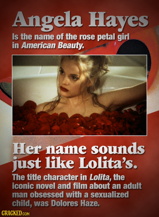 Angela Hayes Is the name of the rose petal girl in American Beauty. Her name sounds just like Lolita's. The title character in Lolita, the iconic nove