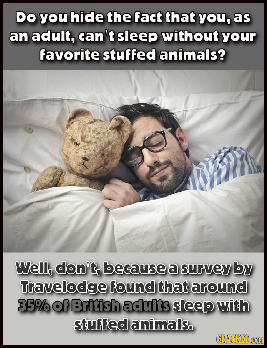 Do you hide the fact that you, as an adult, can't sleep without your favorite stuffed animals? Well, don't, because a survey by Travelodge found that