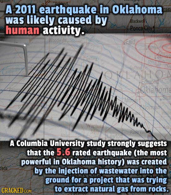 A 2011 earthquake in Oklahoma was likely caused by Blackwel human activity. Ponca City1 Woodyrad. Enid Guthrie KLAHO Edmond Oklahom Sha Mooet Norman P