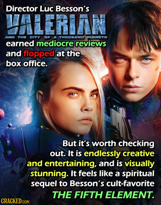 Director Luc Besson's HALERIAN AND THE CITY OF A THOUSAND PLANETS earned mediocre reviews and flopped at the box office. But it's worth checking out.