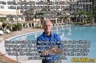 In 1993, selfemade millionaire Harris Rosen adopted the neighborhood of Tangelo Park, Florida. Its 3000 residents suffered high crime and a high schoo