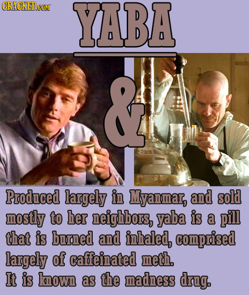 CRACKEDCON YABA & Produced largely in Myanmar, and sold mostly to her neighbors, yaba is a pill that is burned and inhaled, comprised largely of caffe