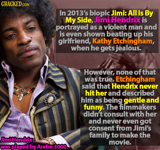 In 2013's biopic Jimi: All Is By My Side, Jimi Hendrix is portrayed as a violent man and is even shown beating up his girlfriend, Kathy Etchingham, wh