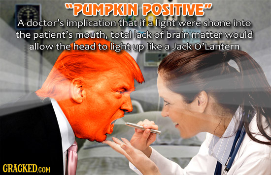 PUMPKIN POSITIVE A doctor's implication that if a light were shone into the patient's mouth, total lack of brain matter would allow the head to ligh