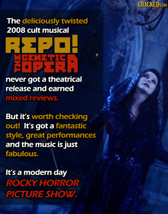 CRACKEDco The deliciously twisted 2008 cult musical REPO! WGEHETIC PR: L never got a theatrical release and earned mixed reviews. But it's worth check