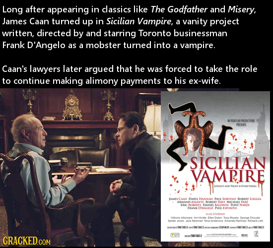 Long after appearing in classics like The Godfather and Misery, James Caan turned up in Sicilian Vampire, a vanity project written, directed by and st