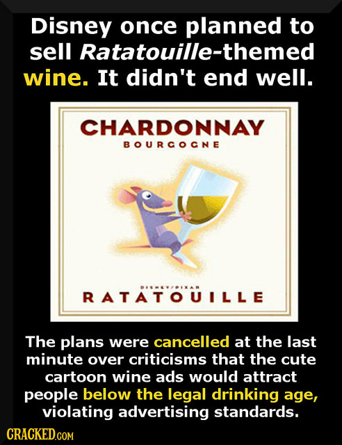 Disney once planned to sell Ratatouille-themed wine. It didn't end well. CHARDONNAY BOURCOCNE RATATOUILLE The plans were cancelled at the last minute