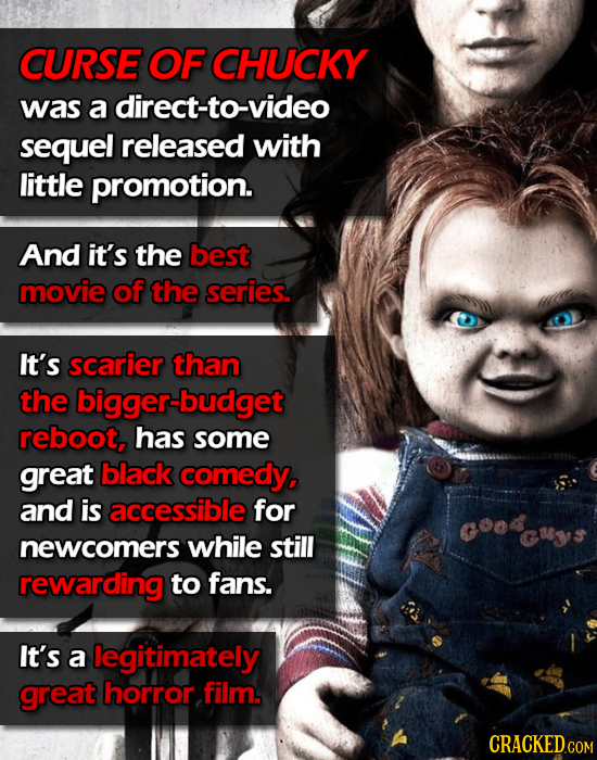 CURSE OF CHUCKY was a direct-to-video sequel released with little promotion. And it's the best movie of the series. It's scarier than the bigger-budge
