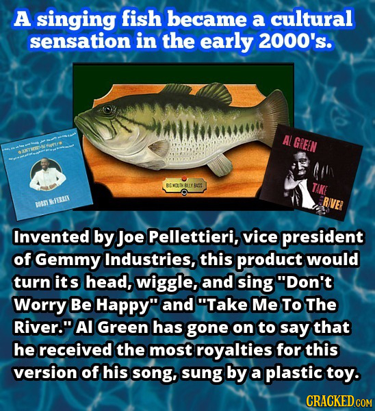A singing fish became a cultural sensation in the early 2000's. AL GREEN ort BOUITH BLLYBASS TAKE ERIVER BONT MIEREIN Invented by Joe Pellettieri, vic
