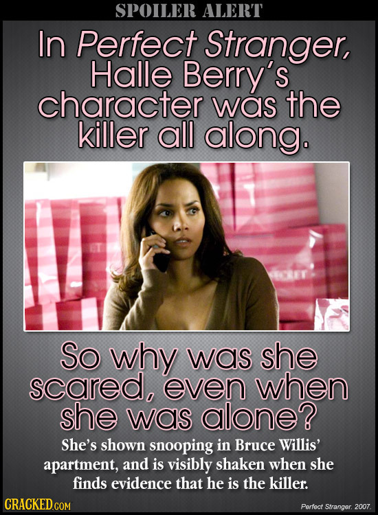 SPOILER ALERT In Perfect Stranger, Halle Berry's character was the killer all along. So why was she scared, even when she was alone? She's shown snoop